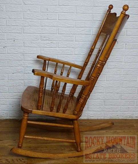 Beautiful Antique Oak Pressed Back Rocking Chair W/ Turned Spindles & Cane Seat.