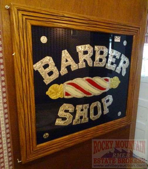 Neat Framed "Barber Shop" "Crushed Tin Foil" Sign In Nice Oak Frame.  23x26.  Bring Straight Screwdriver To Remove.