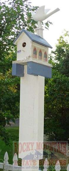 Hand Made Cathedral Style Birdhouse W/ Bird Sculpture & Post. Buyer to remove. 94" high.