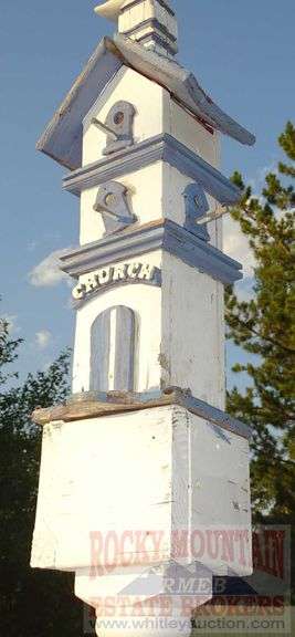 Hand Made 3-Story Birdhouse W/ Bird Sculpture & Post. Buyer to remove. 102" high.