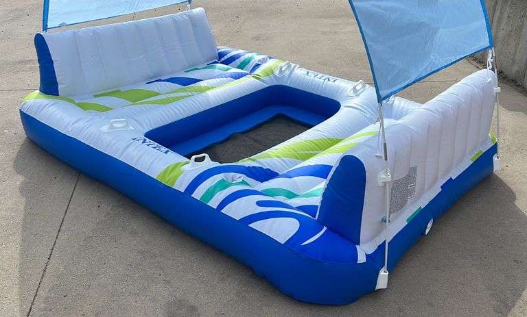 Intex 4-Person Inflatable Island Float W/ Removable Canopy, Built-In Backrests, Mesh Bottom & 4 Cup Holders, 8'x69".