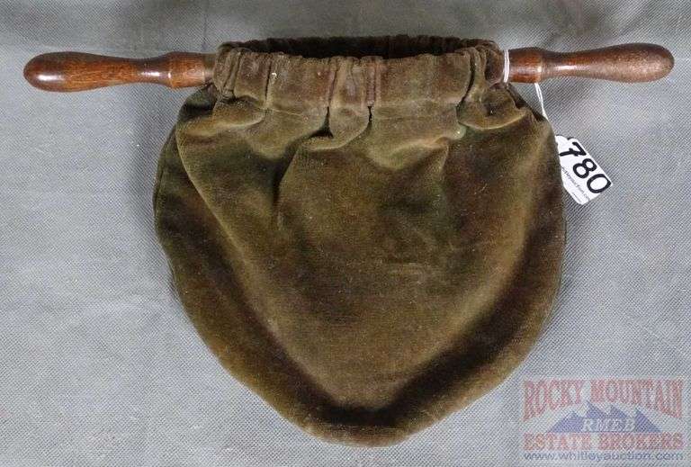 Victorian Velvet Church Collection Bag W/ Wooden Handles. There appears to have paint on one side, 9" High.
