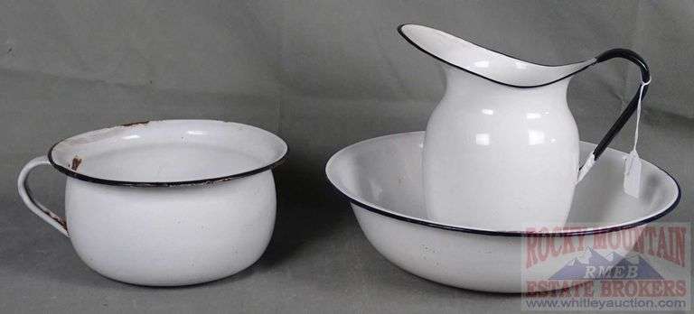 Vintage Enamel Wash Stand Set W/ Pitcher & Bowl & Chamber Pot. All for one money.