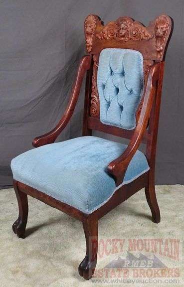 Beautiful Antique High-Back Arm Chair W/ Carved Angel Head & Lion Decoration, Carved Feet & Blue Button-Tufted Upholstery,  41"x21"x19".