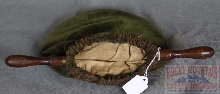 Victorian Velvet Church Collection Bag W/ Wooden Handles. There appears to have paint on one side, 9" High.