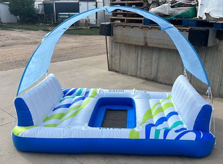Intex 4-Person Inflatable Island Float W/ Removable Canopy, Built-In Backrests, Mesh Bottom & 4 Cup Holders, 8'x69".