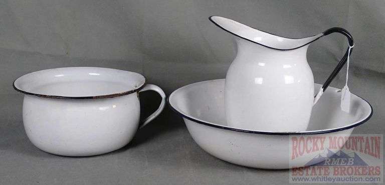 Vintage Enamel Wash Stand Set W/ Pitcher & Bowl & Chamber Pot. All for one money.