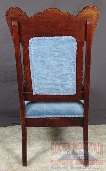 Beautiful Antique High-Back Arm Chair W/ Carved Angel Head & Lion Decoration, Carved Feet & Blue Button-Tufted Upholstery,  41"x21"x19".
