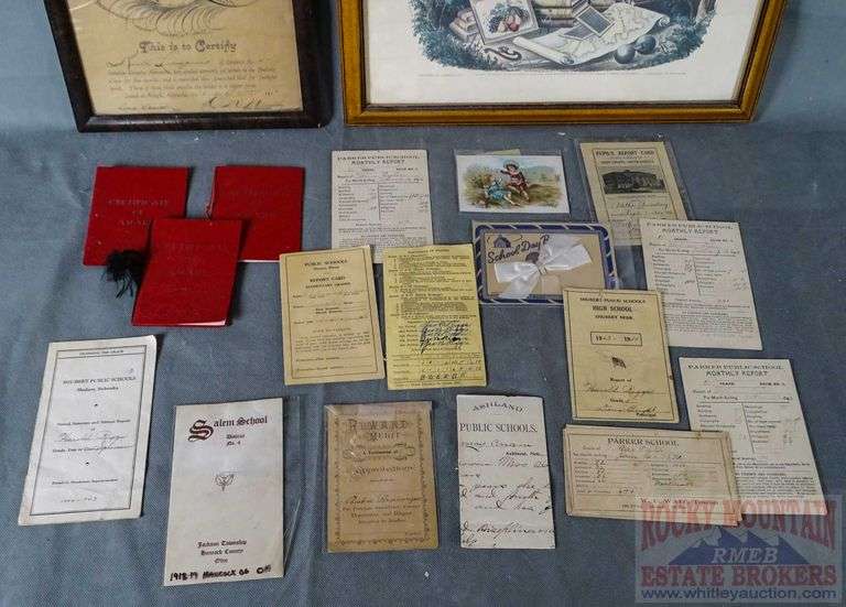 "God Bless Our School" Framed Print, Framed School Certificate from 1916 & Asst. Vintage Report Cards & More.  All for one money.