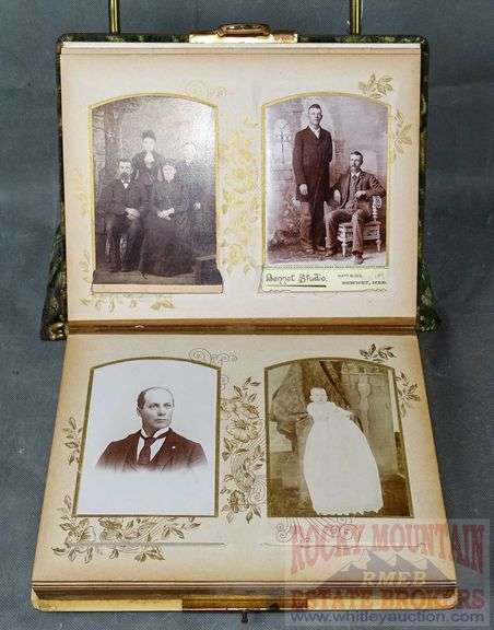 Excellent Victorian Photo Album W/ Beautiful Celluloid Cover, Brass Accents & LOTS of Photos. There are extra photos in the drawer.