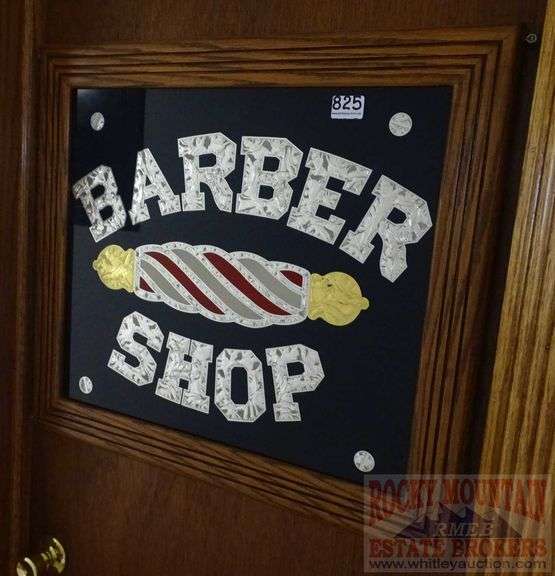 Neat Framed "Barber Shop" "Crushed Tin Foil" Sign In Nice Oak Frame.  23x26.  Bring Straight Screwdriver To Remove.