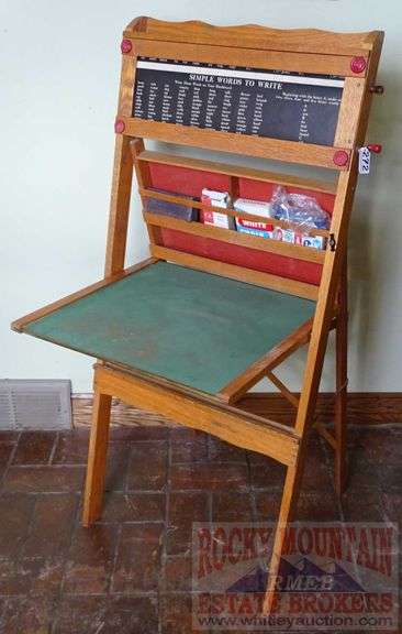 Vintage "Happi-Time" Educational Blackboard W/ Fold Down Chalkboard, Rack to Hold Your Supplies & Educational Paper Scroll. This all folds up for storage and the scroll is in great condition.