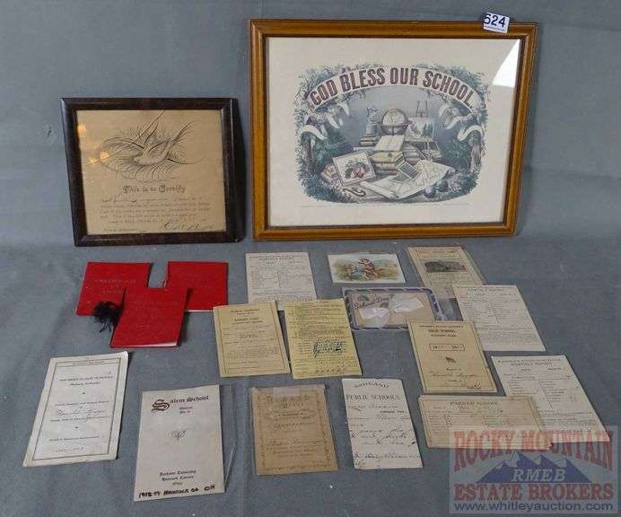 "God Bless Our School" Framed Print, Framed School Certificate from 1916 & Asst. Vintage Report Cards & More.  All for one money.