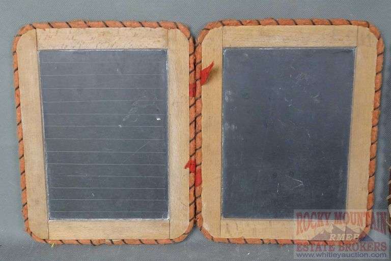 2 Vintage Slate Chalkboards, Eraser, Buster Brown Advertising Ruler & Small Wood Ruler. Largest slate is 10"x13".  All for one money.