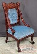 Beautiful Antique High-Back Arm Chair W/ Carved Angel Head & Lion Decoration, Carved Feet & Blue Button-Tufted Upholstery,  41"x21"x19".