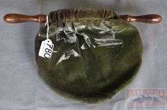 Victorian Velvet Church Collection Bag W/ Wooden Handles. There appears to have paint on one side, 9" High.