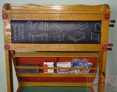 Vintage "Happi-Time" Educational Blackboard W/ Fold Down Chalkboard, Rack to Hold Your Supplies & Educational Paper Scroll. This all folds up for storage and the scroll is in great condition.