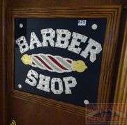 Neat Framed "Barber Shop" "Crushed Tin Foil" Sign In Nice Oak Frame.  23x26.  Bring Straight Screwdriver To Remove.