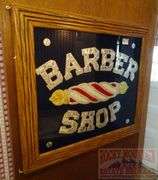 Neat Framed "Barber Shop" "Crushed Tin Foil" Sign In Nice Oak Frame.  23x26.  Bring Straight Screwdriver To Remove.
