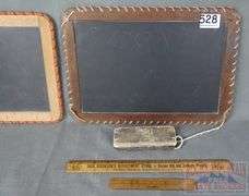 2 Vintage Slate Chalkboards, Eraser, Buster Brown Advertising Ruler & Small Wood Ruler. Largest slate is 10"x13".  All for one money.