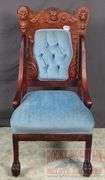 Beautiful Antique High-Back Arm Chair W/ Carved Angel Head & Lion Decoration, Carved Feet & Blue Button-Tufted Upholstery,  41"x21"x19".