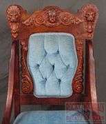 Beautiful Antique High-Back Arm Chair W/ Carved Angel Head & Lion Decoration, Carved Feet & Blue Button-Tufted Upholstery,  41"x21"x19".