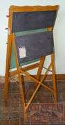 Vintage "Happi-Time" Educational Blackboard W/ Fold Down Chalkboard, Rack to Hold Your Supplies & Educational Paper Scroll. This all folds up for storage and the scroll is in great condition.