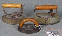 3 Small Size Antique Sad Irons W/ Wood Handles.  Three times the money.  Total bid is quantity times bid price.