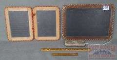 2 Vintage Slate Chalkboards, Eraser, Buster Brown Advertising Ruler & Small Wood Ruler. Largest slate is 10"x13".  All for one money.
