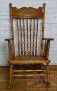 Beautiful Antique Oak Pressed Back Rocking Chair W/ Turned Spindles & Cane Seat.