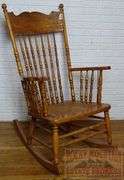 Beautiful Antique Oak Pressed Back Rocking Chair W/ Turned Spindles & Cane Seat.