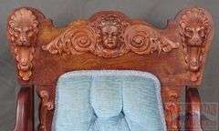 Beautiful Antique High-Back Arm Chair W/ Carved Angel Head & Lion Decoration, Carved Feet & Blue Button-Tufted Upholstery,  41"x21"x19".