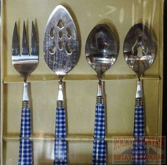Brand New Stainless Steel Flatware W/ Blue Gingham Handles, Complete for 12.