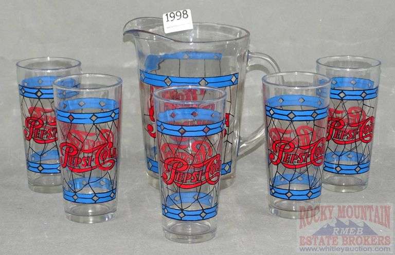 Vintage Pepsi Cola Pitcher W/ 5 Tumblers.  All for one money.