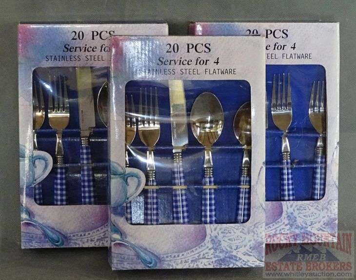 Brand New Stainless Steel Flatware W/ Blue Gingham Handles, Complete for 12.