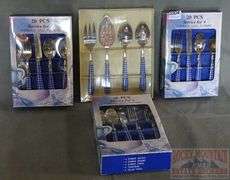 Brand New Stainless Steel Flatware W/ Blue Gingham Handles, Complete for 12.