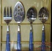Brand New Stainless Steel Flatware W/ Blue Gingham Handles, Complete for 12.