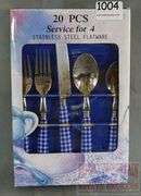 Brand New Stainless Steel Flatware W/ Blue Gingham Handles, Complete for 12.