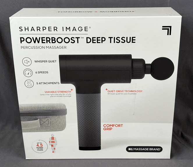 Brand New Sharper Image Powerboost Deep Tissue Percussion Massager W/ 6-Speeds, 5 Attachments &  Carrying Case.