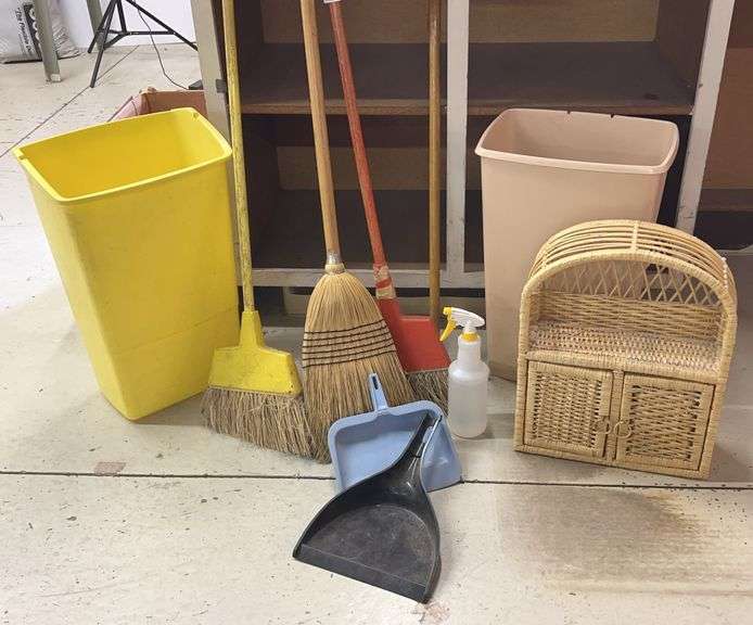 3 Hand Brooms, 2 Dust Pans, Trash Cans & More. All for one money.