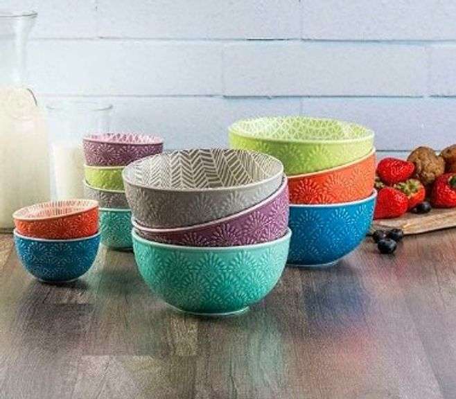 Brand New 12 Piece Multi Colored Textured Bowl Set.