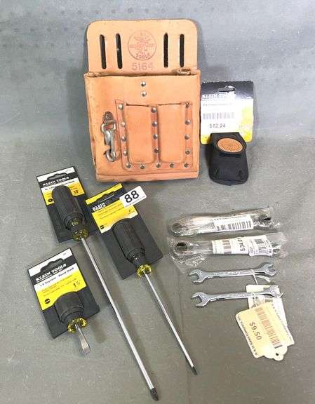 3 Asst. Brand New Klein Screw Drivers, Leather Tool Pouch, Cell Holder, 2 Quad Box Wrenches & More. All For One Money.