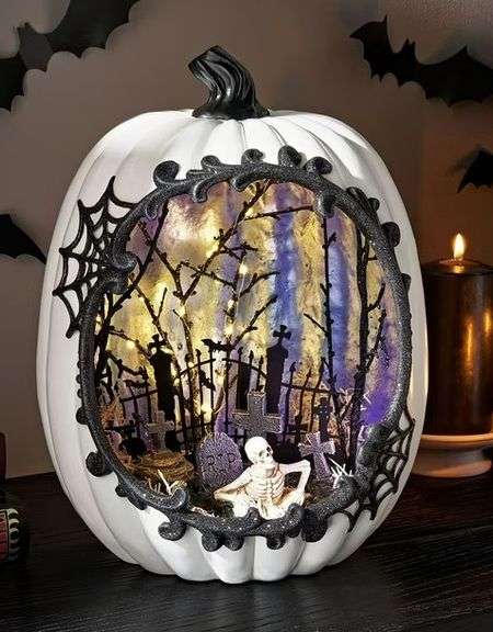 Intricately Designed Halloween-Theme Composition Pumpkin, 14" high. This is a display model & came in with no batteries.