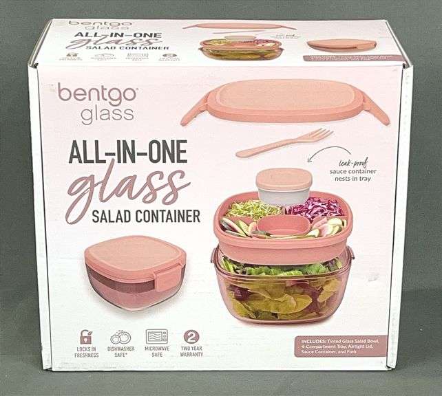 Brand New Bentgo Glass All-In-One Salad Container with Tinted Glass Salad Bowl, 4 Compartment Tray, Airtight Lid, Sauce Container and Fork. In soft pink.
