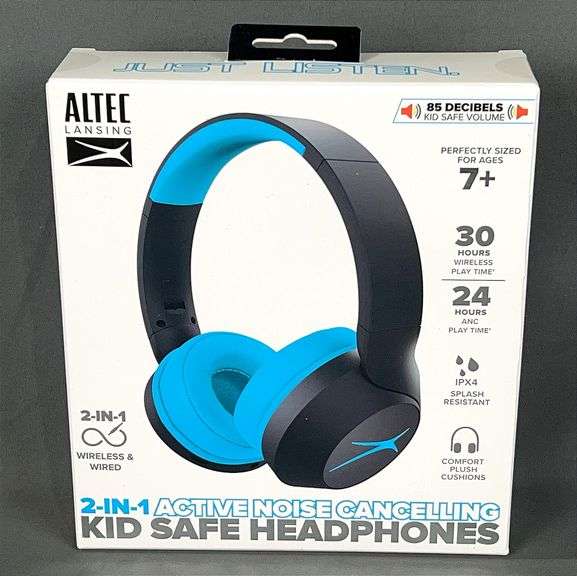 Brand New Blue Altec Lansing Bluetooth, Active Noise Cancelling Kid Safe Headphones. Perfectly sized for ages 7+, 30 hour wireless playtime, splash resistant, can be used wireless or wired & fold for storage.