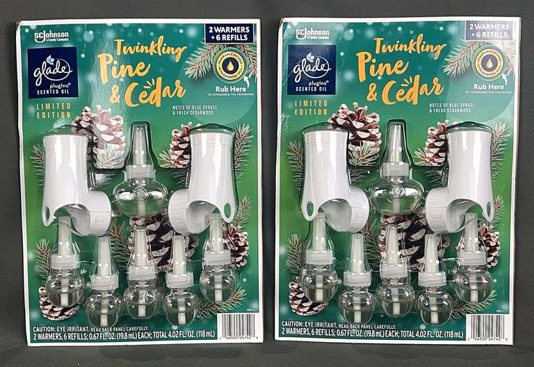 2 Brand New Glade "Twinkling Pine & Cedar" Plug Ins with 2 Warmers & 6 Refills. 2 times the money. Total price is quantity times bid price.