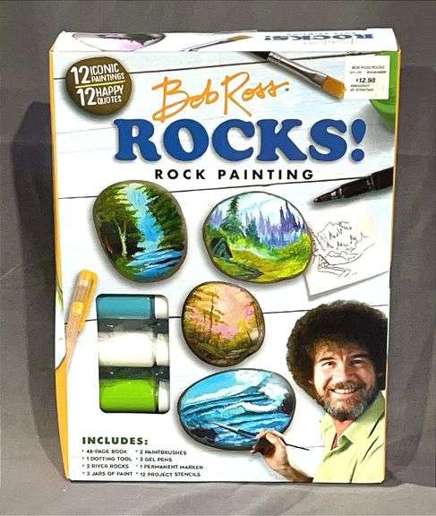 Brand New Bob Ross ROCKS! Rock Painting Kit. Includes 12 happy quotes and 12 iconic paintings.