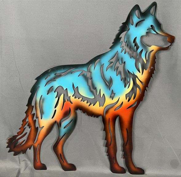 Beautiful Multi-Color, Laser Cut Steel Wolf Wall Hanging, 20"x18".
