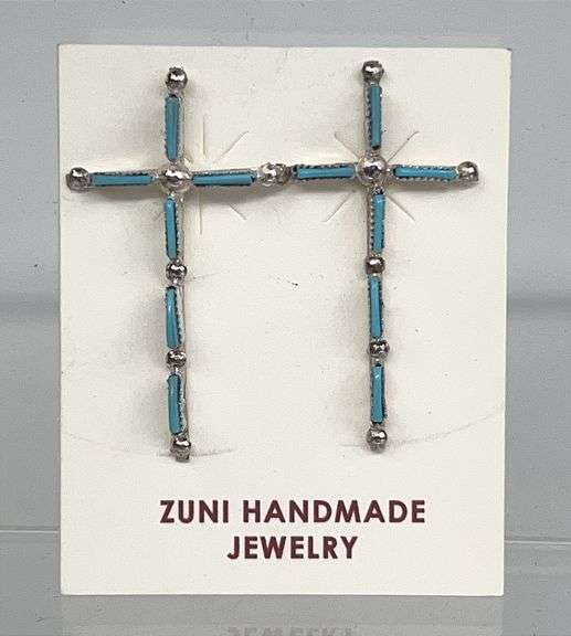 Sterling & Turquoise Zuni Made 1.5" Cross Earrings.