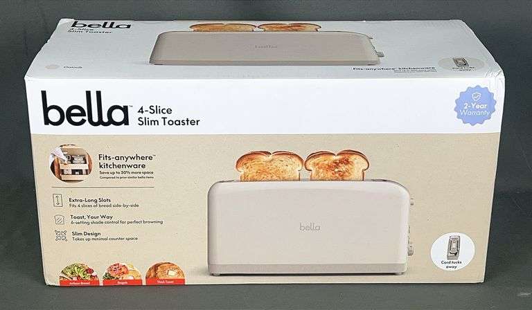 Brand New Bella, 4-Slice Slim Toaster. This toaster has extra long slots & a slim design for easy storage.